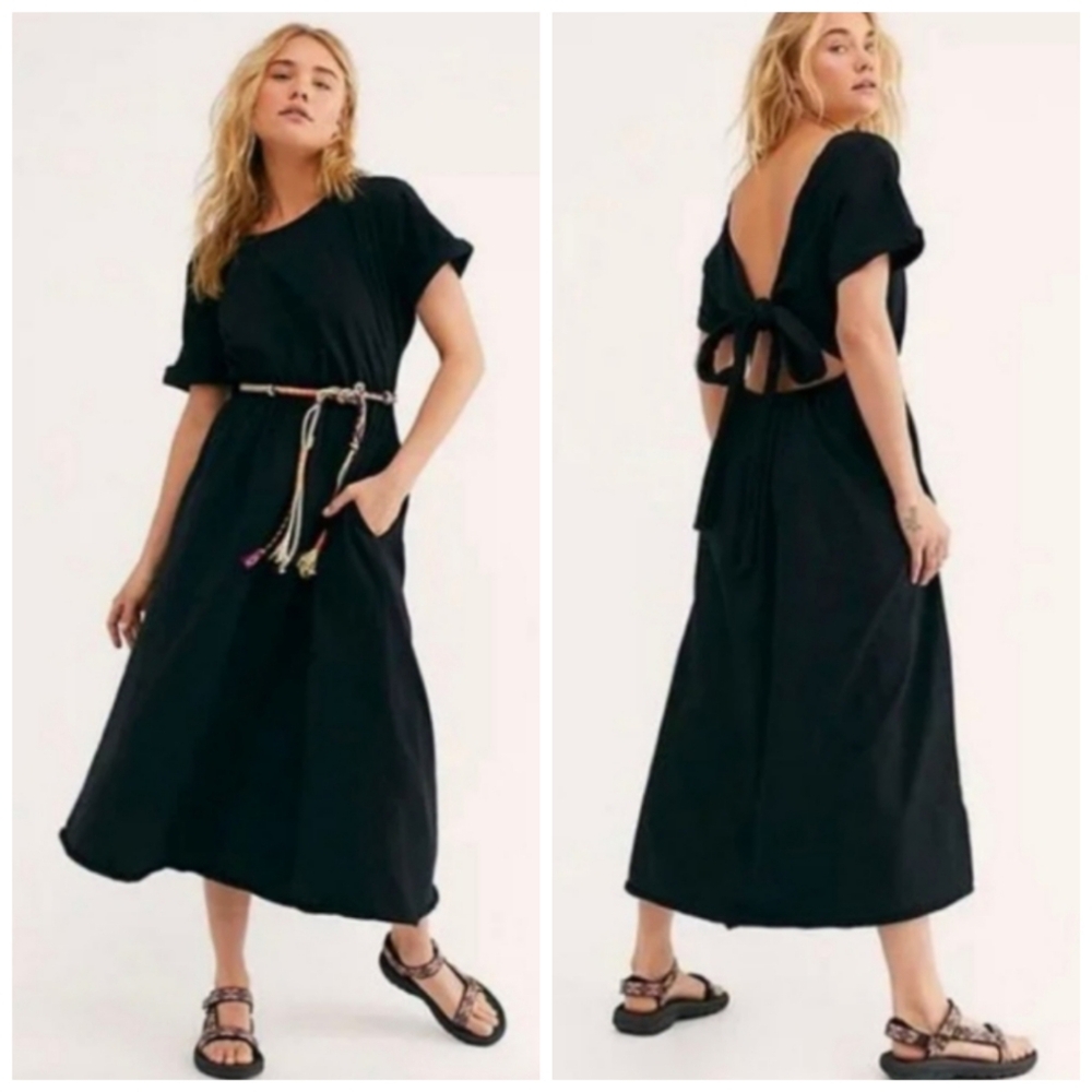 Free People Black Midi Dress with Open Tie-Back